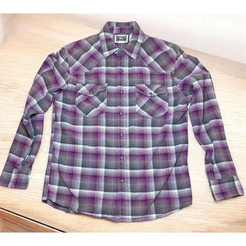 Converse One Star Womens S Purple Plaid Shirt Snap Front Long Sleeve Western